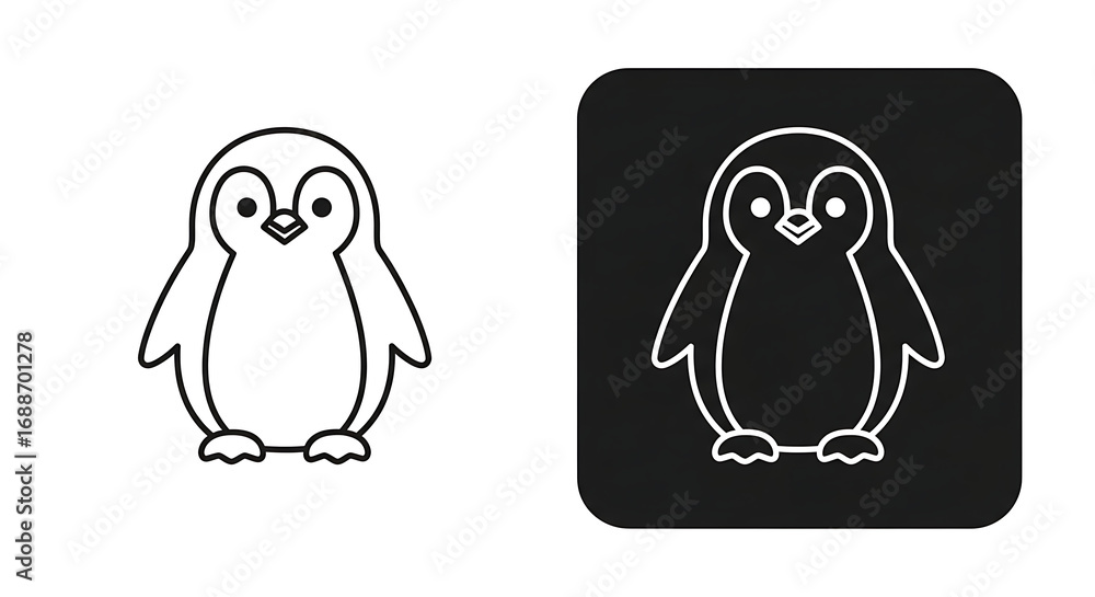 Fototapeta premium Two penguin outline illustrations, one white and one black.