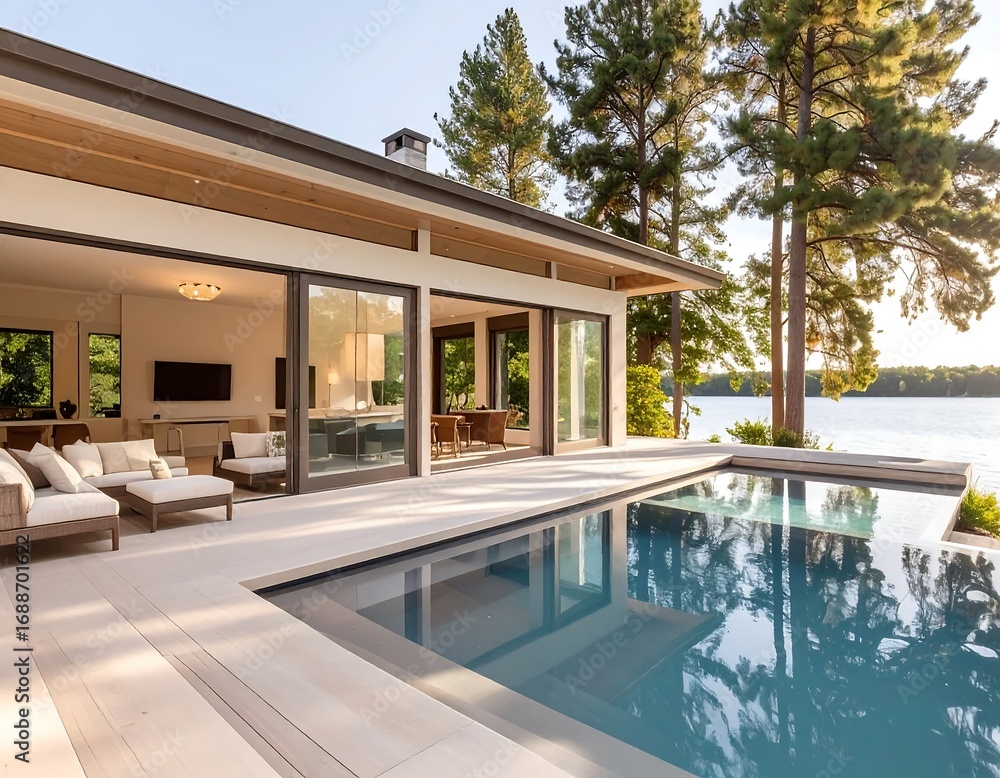 Fototapeta premium Modern house with pool overlooking a lake
