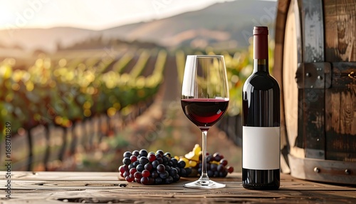 Red wine, vineyard, sunset