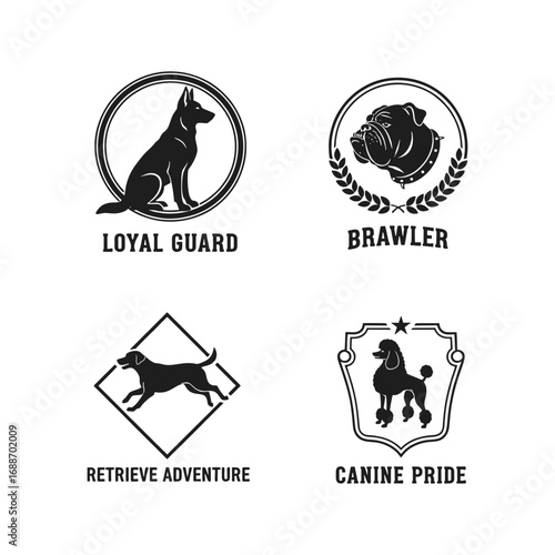 Four Dog Logo Designs with German Shepherd, Bulldog, Labrador, and Poodle Silhouettes for Pet Industry Branding