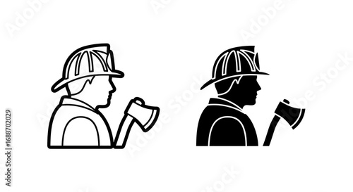Firefighter with axe, line art and silhouette.