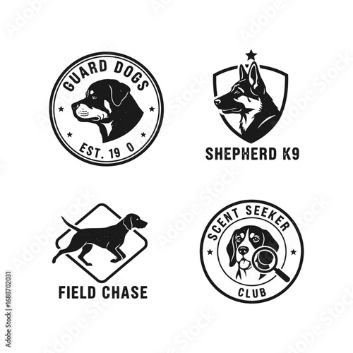 Set of four vintage dog logo designs featuring various dog breeds like Rottweiler, German Shepherd, and Beagle, perfect for guard dog services, K9 units,