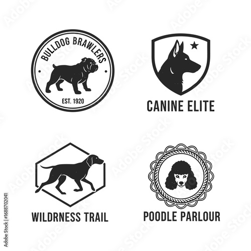 Collection of vintage dog breed logos: Bulldog, German Shepherd, Pointer, and Poodle. Retro animal emblems for pet businesses, clubs, or brands.