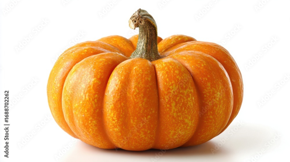 Fototapeta premium A bright orange pumpkin with pronounced ridges and a sturdy stem sits against a clean white backdrop, highlighting its rich color and smooth, textured surface.