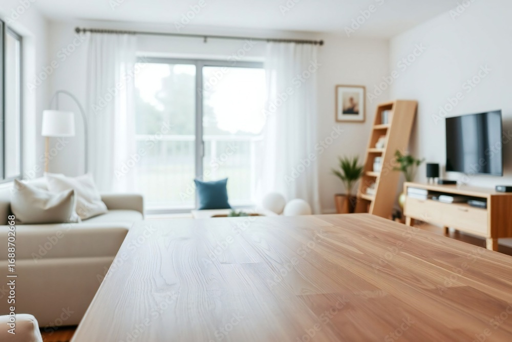 Fototapeta premium Minimalist wooden table in cozy living room, soft natural light, serene domestic still life