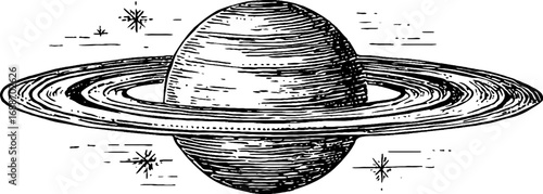Vintage black and white line art of saturn with rings and stars