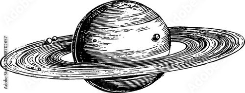 Retro black and white line art illustration of a planet with rings for design and print