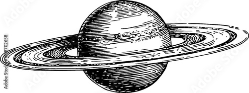 Vintage black and white line art of planet with rings for educational and design use