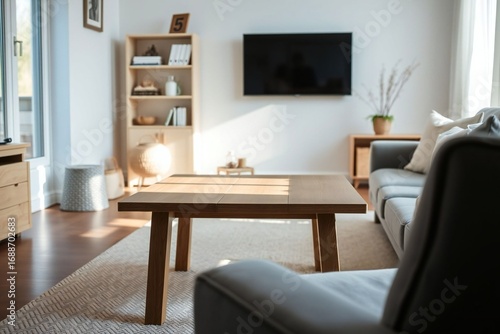 Minimalist wooden table in cozy living room, soft natural light, serene domestic still life