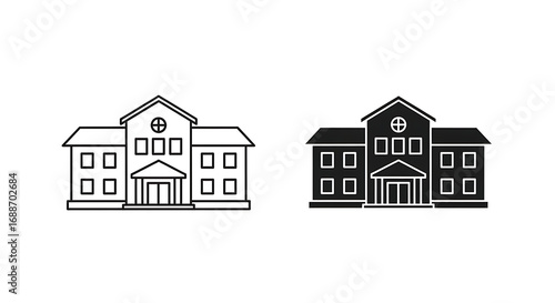 Building icon: outline and filled versions of a two-story building.