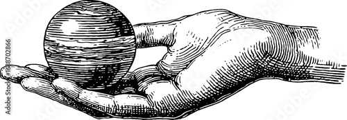 Black and white line art hand holding an ornate egg design for print or card