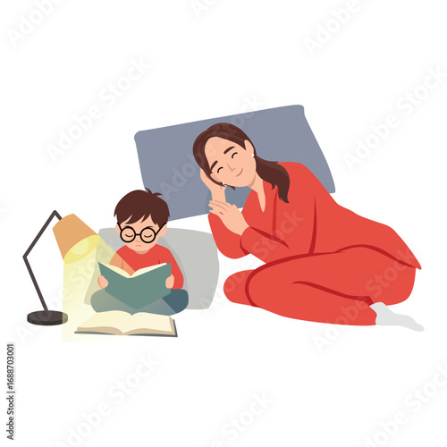 Mother resting peacefully while her young son reads a book under a lamp. Flat vector illustration isolated on white background