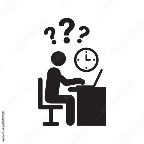 Deadline stress black glyph icon. Confused person working on a laptop with question marks and a clock, representing time management problems, procrastination, and work anxiety.
