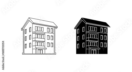 Two illustrations of a three-story building, one in outline and one in silhouette.