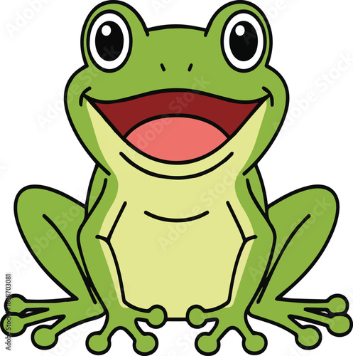 Cheerful cartoon green frog with wide open mouth and big eyes on white background amphibian animal