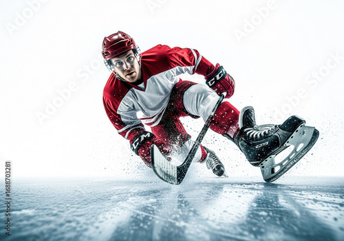 Dynamic action shot of an ice hockey player in red and white uniform skating on ice with stick, speed, and determination.