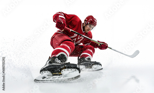 Dynamic low-angle studio action of an ice hockey athlete in red uniform carving a fast turn, spraying ice, captured from an uncommon perspective.