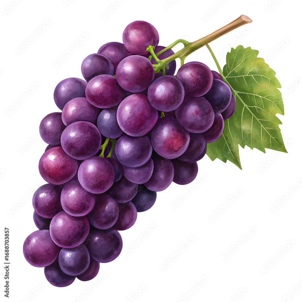 Fototapeta premium A ripe bunch of purple grapes with a green leaf on a black background
