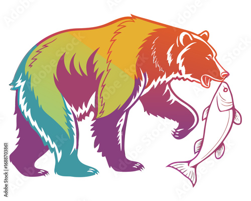 Bear catching fish silhouette illustration