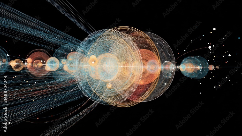 Fototapeta premium Vibrant lines and spheres illustrate energy particles and cosmic waves, showcasing an abstract view of the universes intricate structures and interactions in a dark setting.