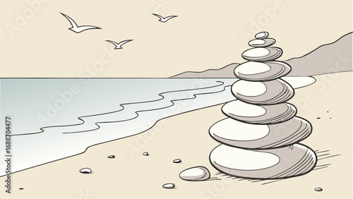 Balanced stones on a beach with seagulls and ocean view serene coastal scene zen illustration peaceful nature background.