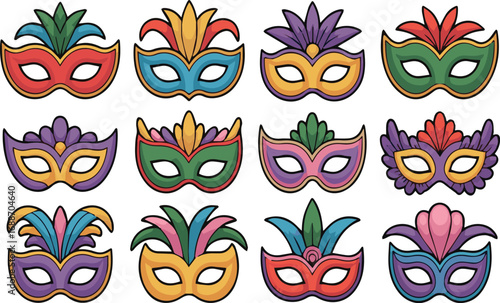 Twelve colorful decorative masquerade masks with feathers and ornate designs carnival party