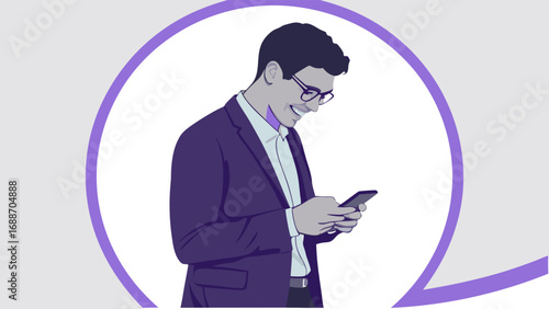 Businessman using smartphone professional mobile communication digital technology modern business illustration man in suit cellphone communication purple and white design vector art flat design minim.