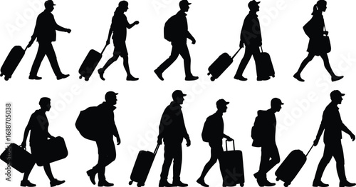 Silhouettes of diverse travelers walking with luggage and backpacks, airport travel scene, people walking with suitcases, journey and tourism concept, travel group moving forward
