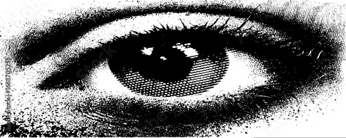 Intricate black and white line art illustration of a detailed human eye