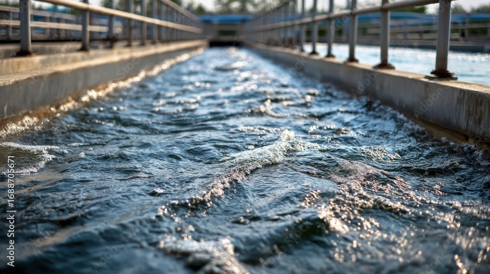 Fototapeta premium Flowing Water Channel in Wastewater Treatment Plant with Metal Railings and Sunlit Background