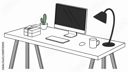 Clean Minimalist Home Office Desk Setup with Computer Lamp and Plant Illustration.