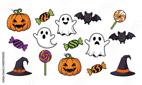 Spooky halloween icons set featuring pumpkins ghosts bats and candy white background