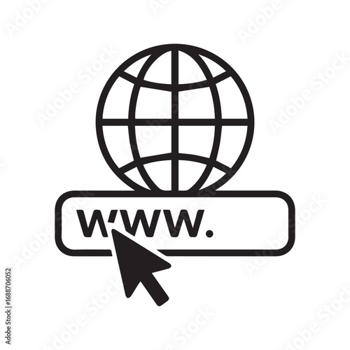 Go to web line icon. Vector illustration of a mouse cursor clicking a WWW address button with a globe symbol. Concept for internet, website, URL, and online browsing.
