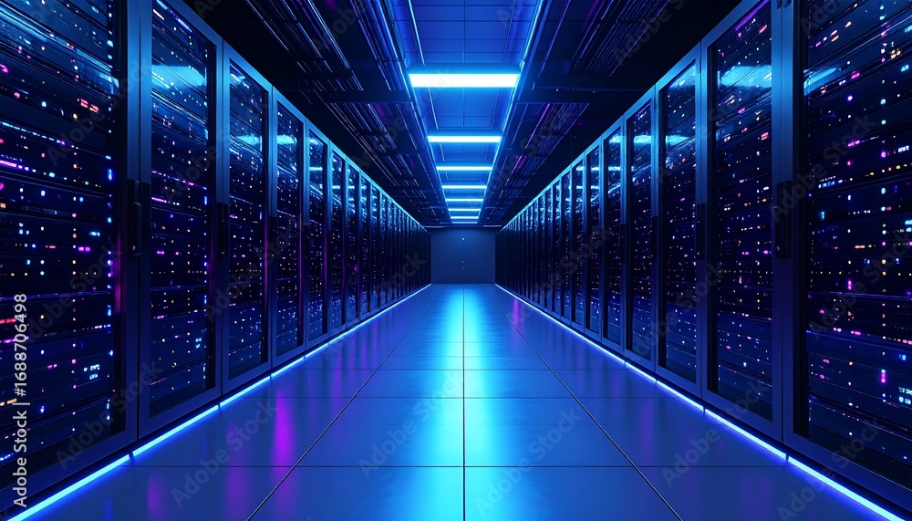 Fototapeta premium Futuristic server room lit by vibrant neon