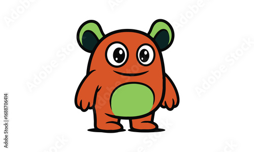 Cute orange monster character with big eyes and green belly white background