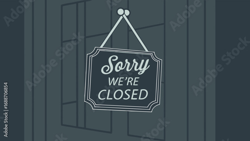 Closed sign hanging door business shop store closed for business temporary closure out of service unavailable no customers dark simple minimalist graphic design flat design illustration vector digita.