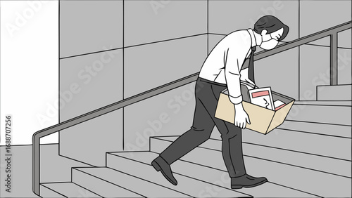 Depressed businessman carrying a box down the stairs wearing a face mask.
