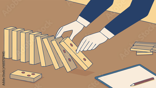 Domino effect illustration hand pushing dominoes business strategy concept risk management chain reaction falling blocks planning decision making problem solving challenge opportunity success failure.