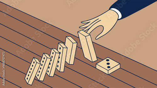 Domino effect illustration hand pushing dominoes chain reaction business concept risk management strategy game tiles cascade fall sequence wooden blocks simple design flat design graphic design vecto.