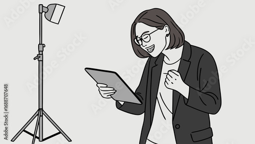 Excited businesswoman reviewing tablet in studio setting.