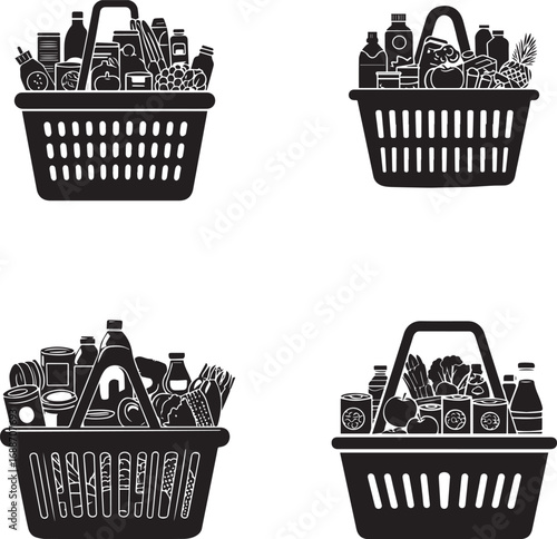 Vector art of collage of shopping basket icons filled with grocery products in black color