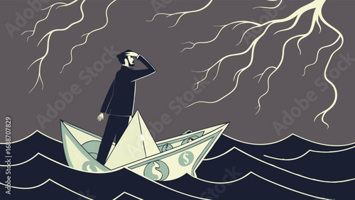 Financial Crisis Businessman on Paper Boat Stormy Sea Economic Uncertainty Risk Management Investment Future Challenge Financial Instability Money Currency Dollar Waves Ocean Crisis Danger Risk Uncer.