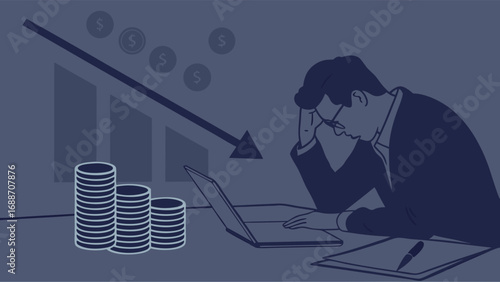 Financial Crisis Stressed Businessman Working on Laptop Stock Market Crash Economic Downturn Business Failure Investment Loss Debt Recession Financial Trouble Worried Person Computer Money Coins Grap.
