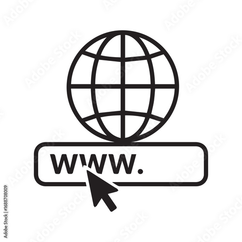 Go to web line icon. Vector illustration of a mouse cursor clicking a WWW address button with a globe symbol. Concept for internet, website, URL, and online browsing.
