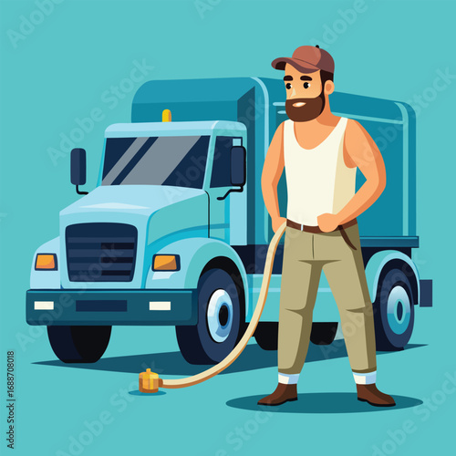 Cartoon Illustration: Bearded Man with Tank Truck and Hose, Waste Disposal Concept