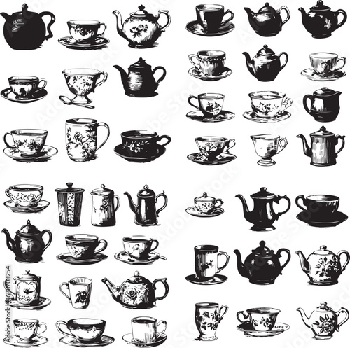Vector art of monochrome illustration of teacups and teapots