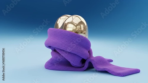 Golden heart wrapped in a purple scarf on a blue background.