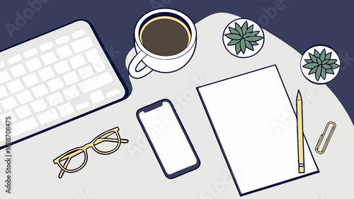 Flat lay of workspace with keyboard phone coffee and stationery.