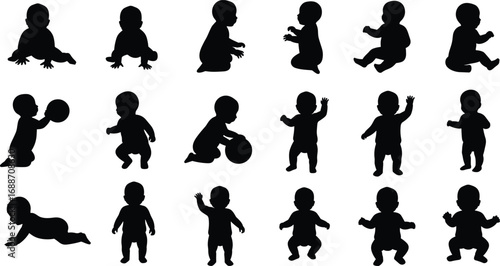 Silhouette baby collection crawling, walking, sitting, playing with ball, toddler activity vector set, child growth stages, infant illustration pack