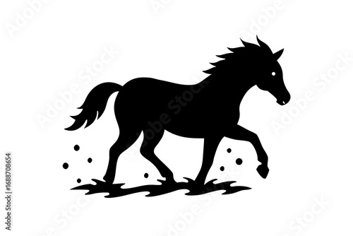 Black silhouette of a horse running with dust